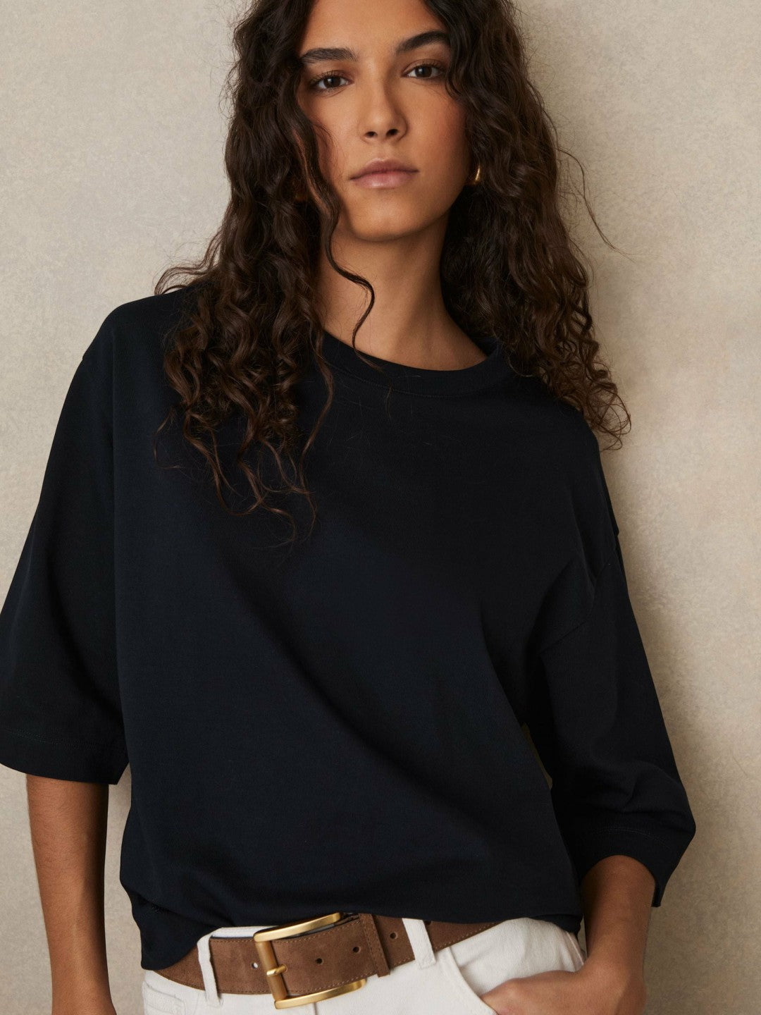 Reiss Oversized Cotton Crew Neck T-Shirt in Navy