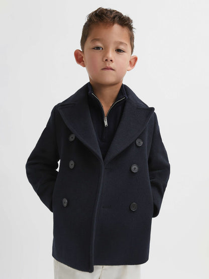 Reiss 9-13 yrs Wool Blend Twill Double Breasted Coat in Navy