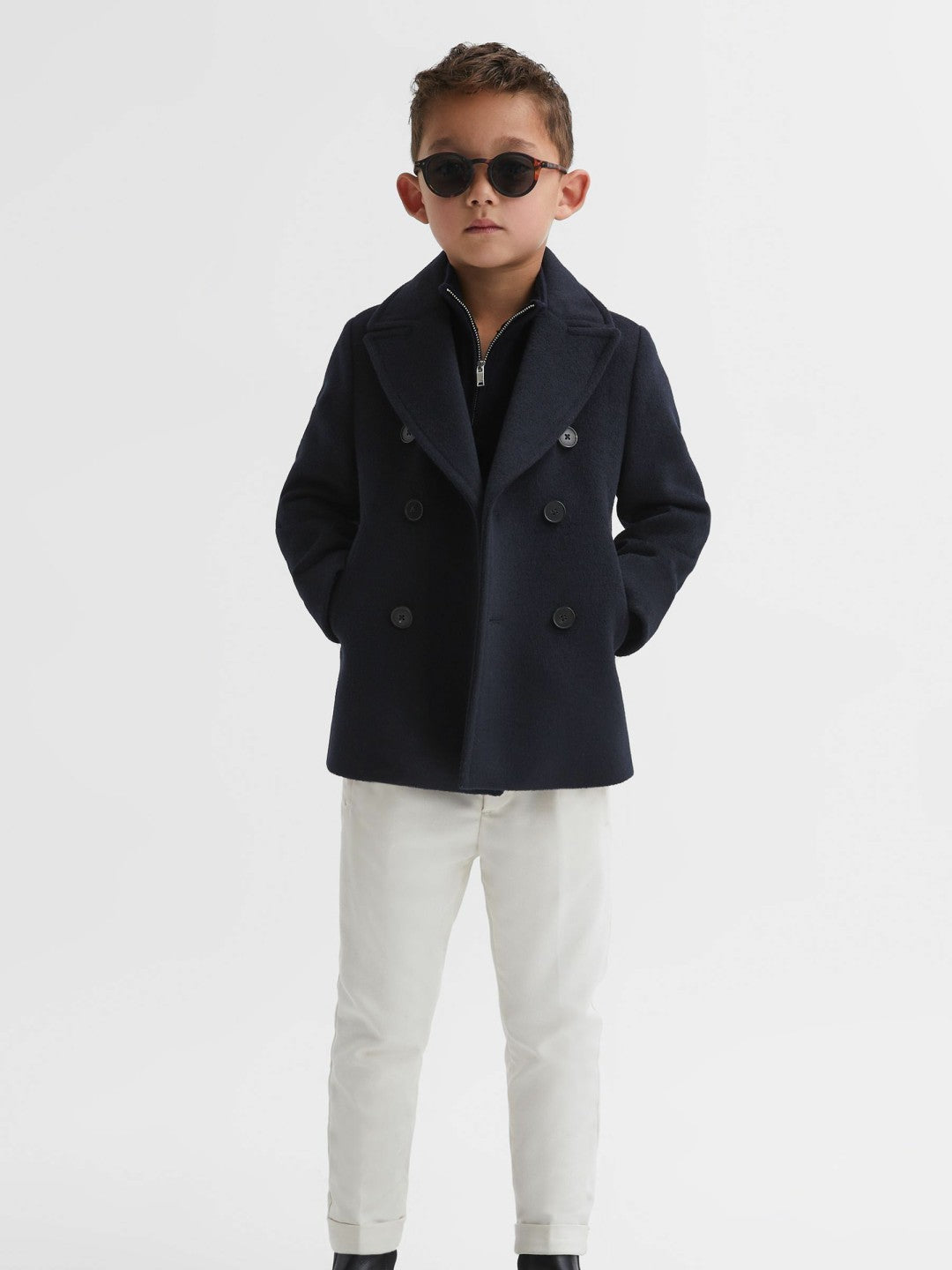 Reiss 9-13 yrs Wool Blend Twill Double Breasted Coat in Navy