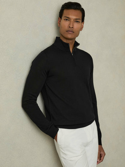 Reiss Merino Wool Half-Zip Jumper in Black