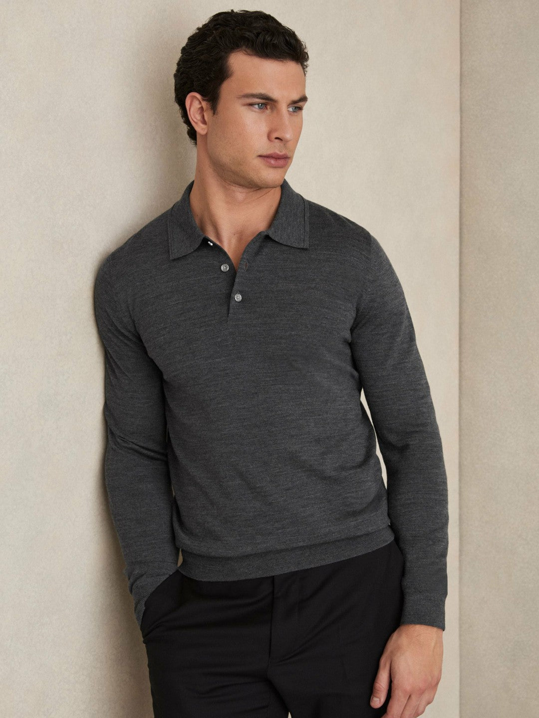 Reiss Merino Wool Polo Shirt in Derby Grey Marl