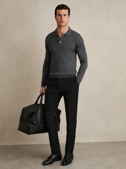 Reiss Merino Wool Polo Shirt in Derby Grey Marl