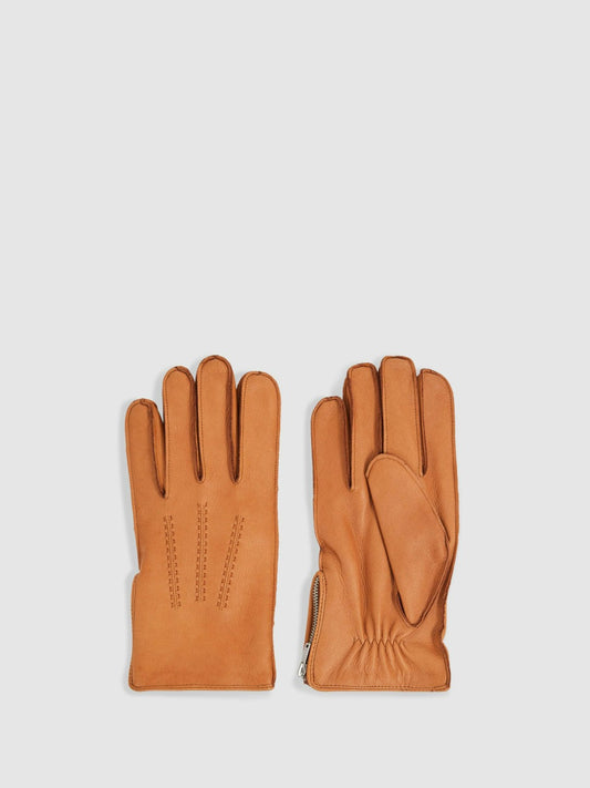 Reiss Leather Zip-Side Gloves in Tan