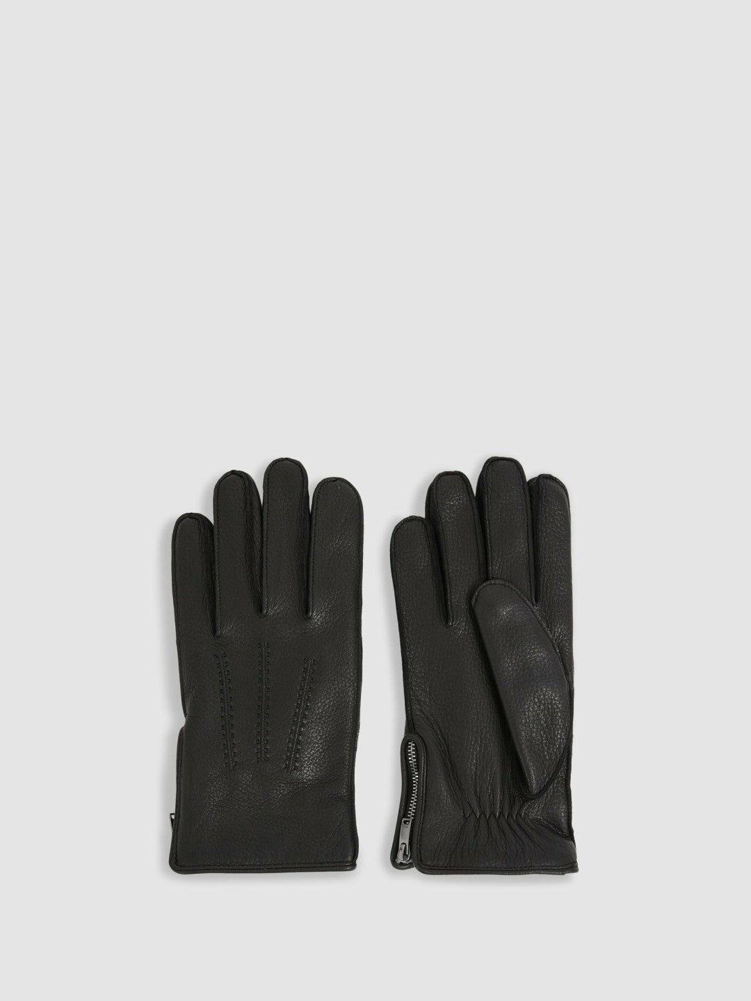 Reiss Leather Zip-Side Gloves in Black