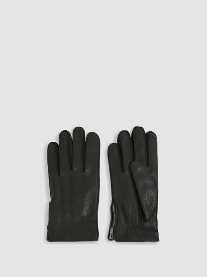 Reiss Leather Zip-Side Gloves in Black