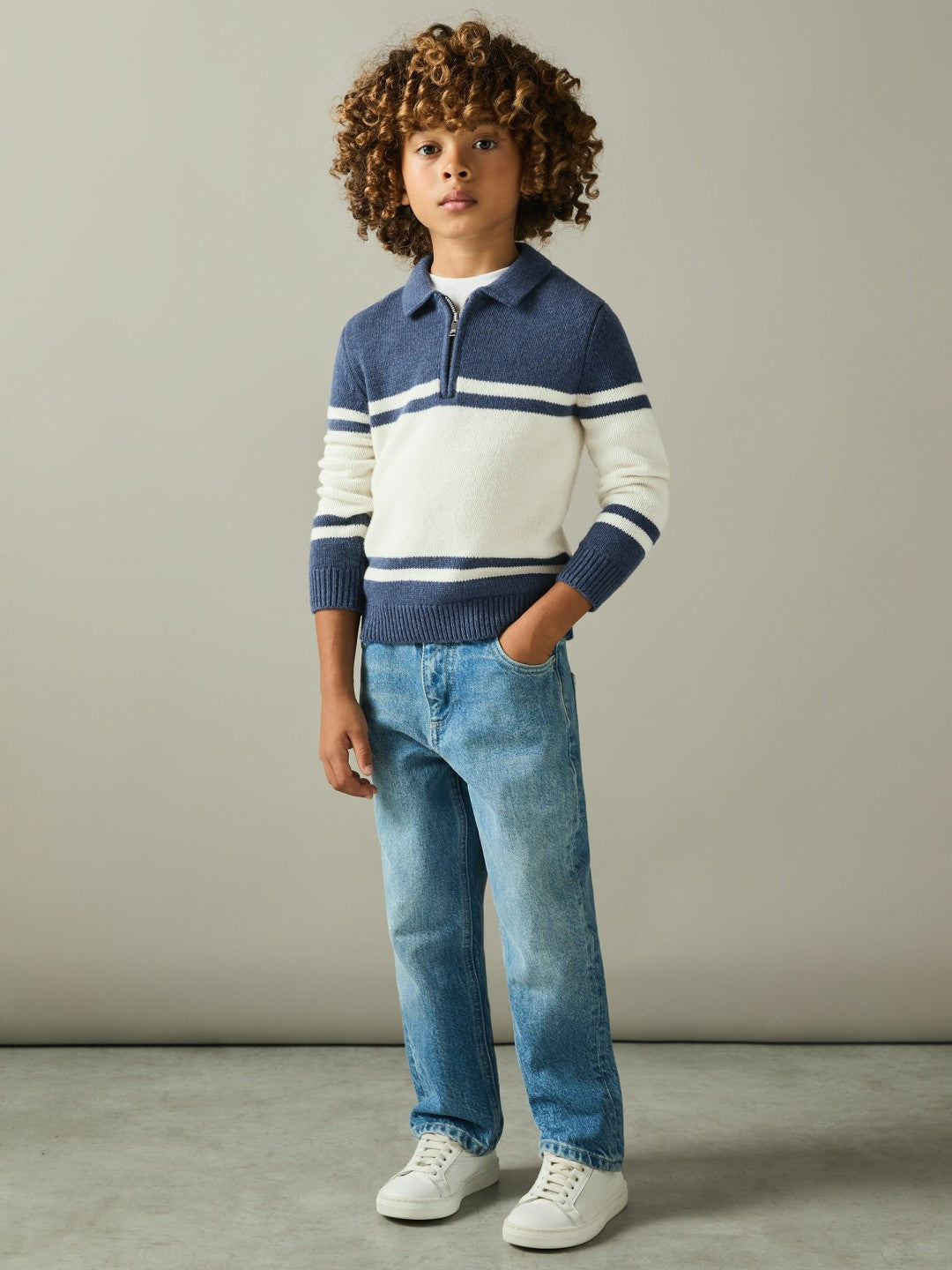 Reiss 9-13 yrs Half-Zip Colour-Block Polo Shirt in Blue/White