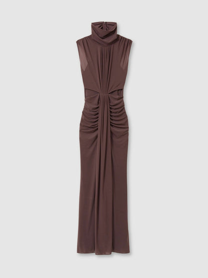 Reiss Sheer Ruched Maxi Dress in Taupe