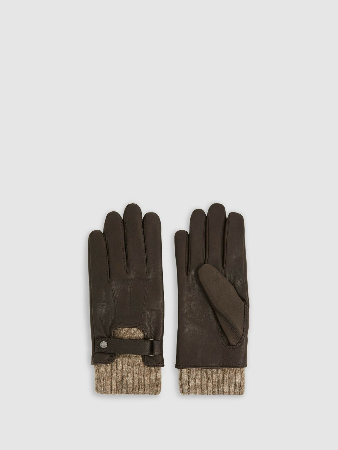 Reiss Leather Ribbed-Cuff Gloves in Dark Brown