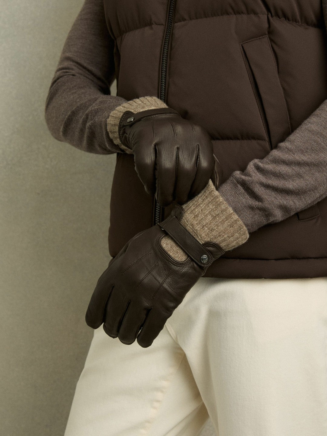 Reiss Leather Ribbed-Cuff Gloves in Dark Brown