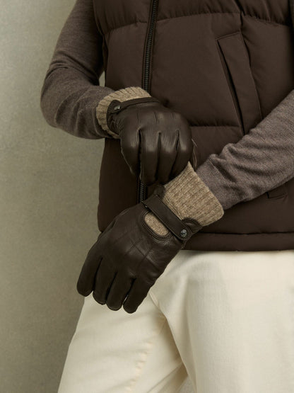 Reiss Leather Ribbed-Cuff Gloves in Dark Brown