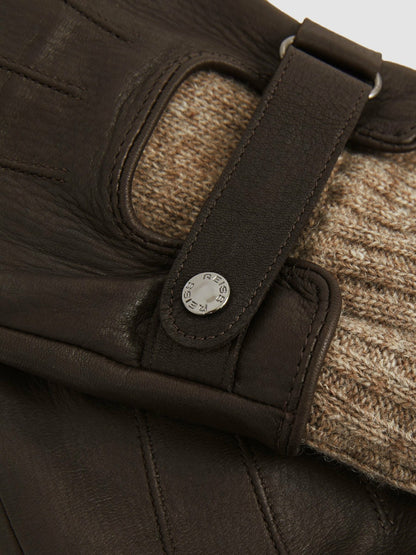 Reiss Leather Ribbed-Cuff Gloves in Dark Brown