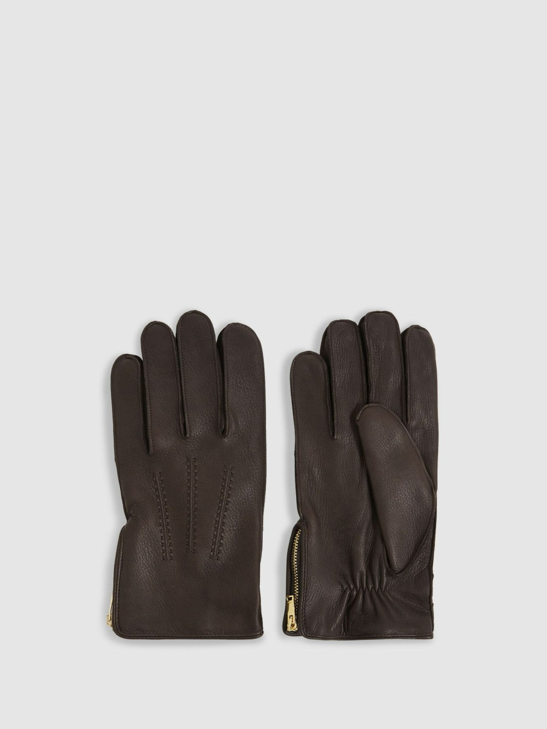 Reiss Leather Zip-Side Gloves in Dark Brown