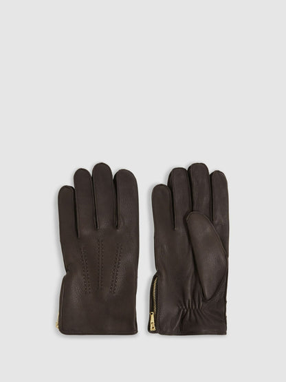 Reiss Leather Zip-Side Gloves in Dark Brown