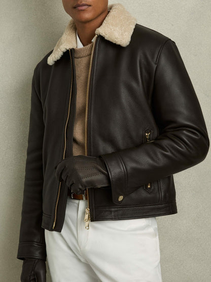 Reiss Leather Zip-Side Gloves in Dark Brown