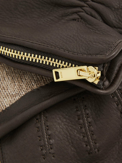 Reiss Leather Zip-Side Gloves in Dark Brown