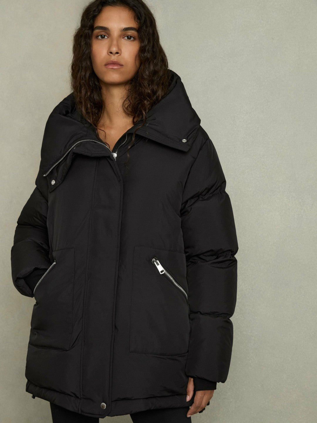 Reiss Petite Concealed-Hood Puffer Coat in Black
