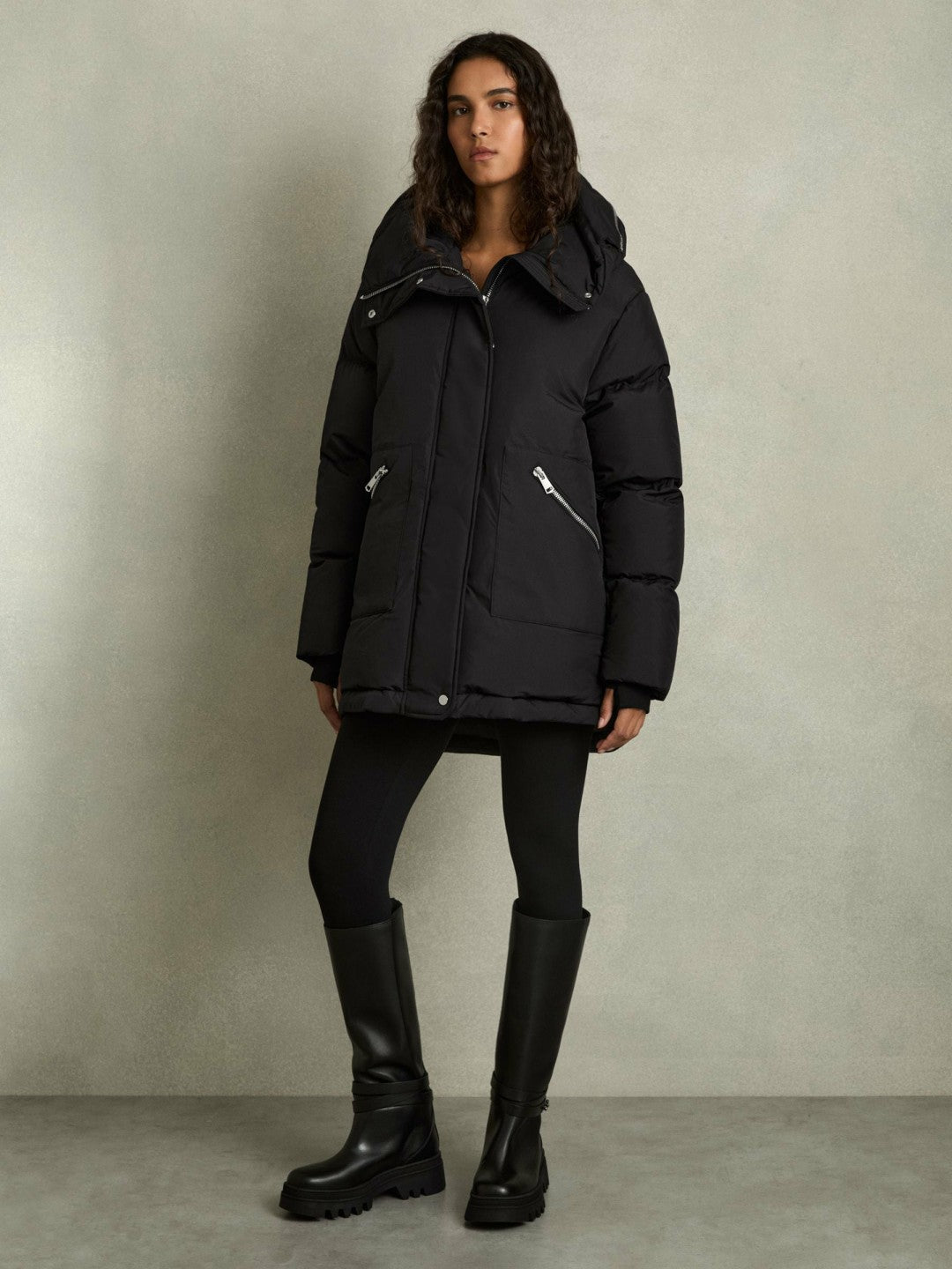 Reiss Petite Concealed-Hood Puffer Coat in Black