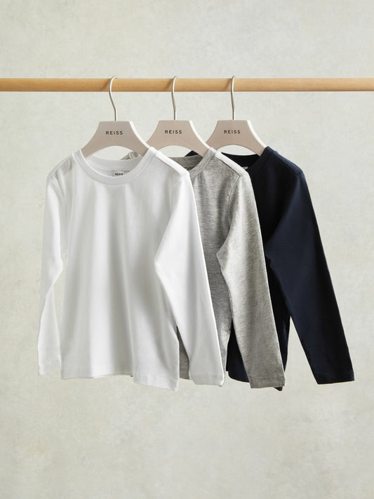 Reiss 3-9 yrs Cotton Jersey Long Sleeve T-Shirts 3 Pack in White/Soft Grey/Navy