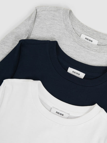 Reiss 3-9 yrs Cotton Jersey Long Sleeve T-Shirts 3 Pack in White/Soft Grey/Navy