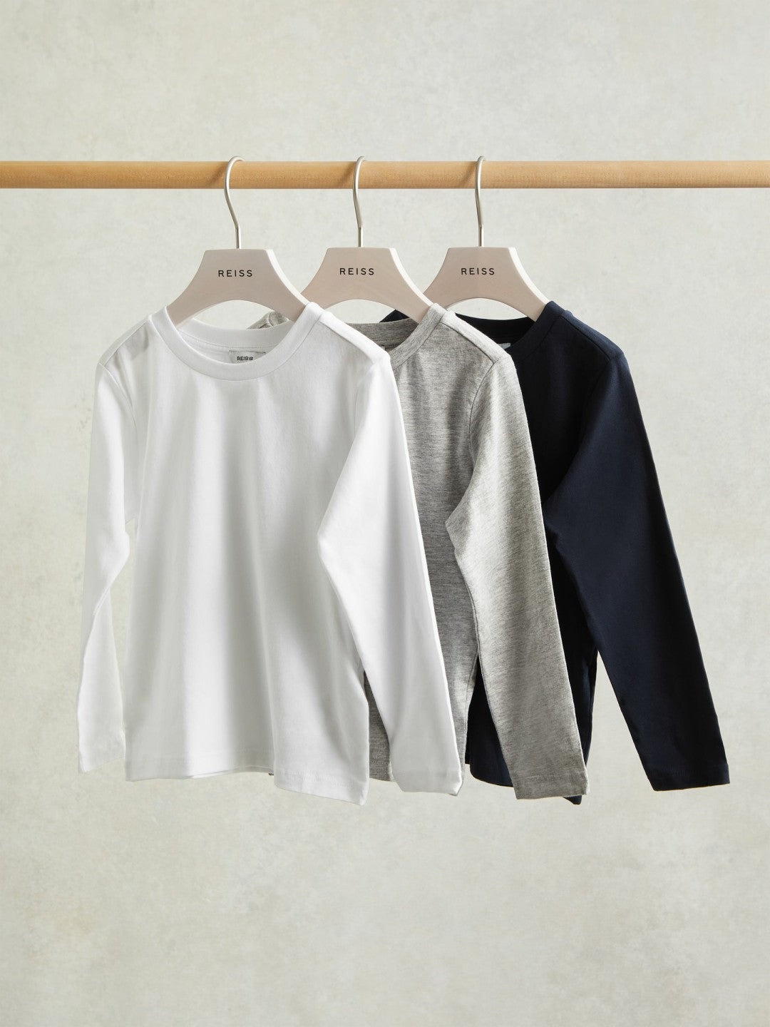 Reiss 9-13 yrs Cotton Jersey Long Sleeve T-Shirts 3 Pack in White/Soft Grey/Navy
