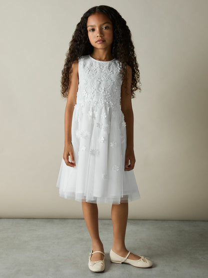 Reiss 13-14 yrs Tulle Floral-Embroidered Bridesmaid Dress in Ivory
