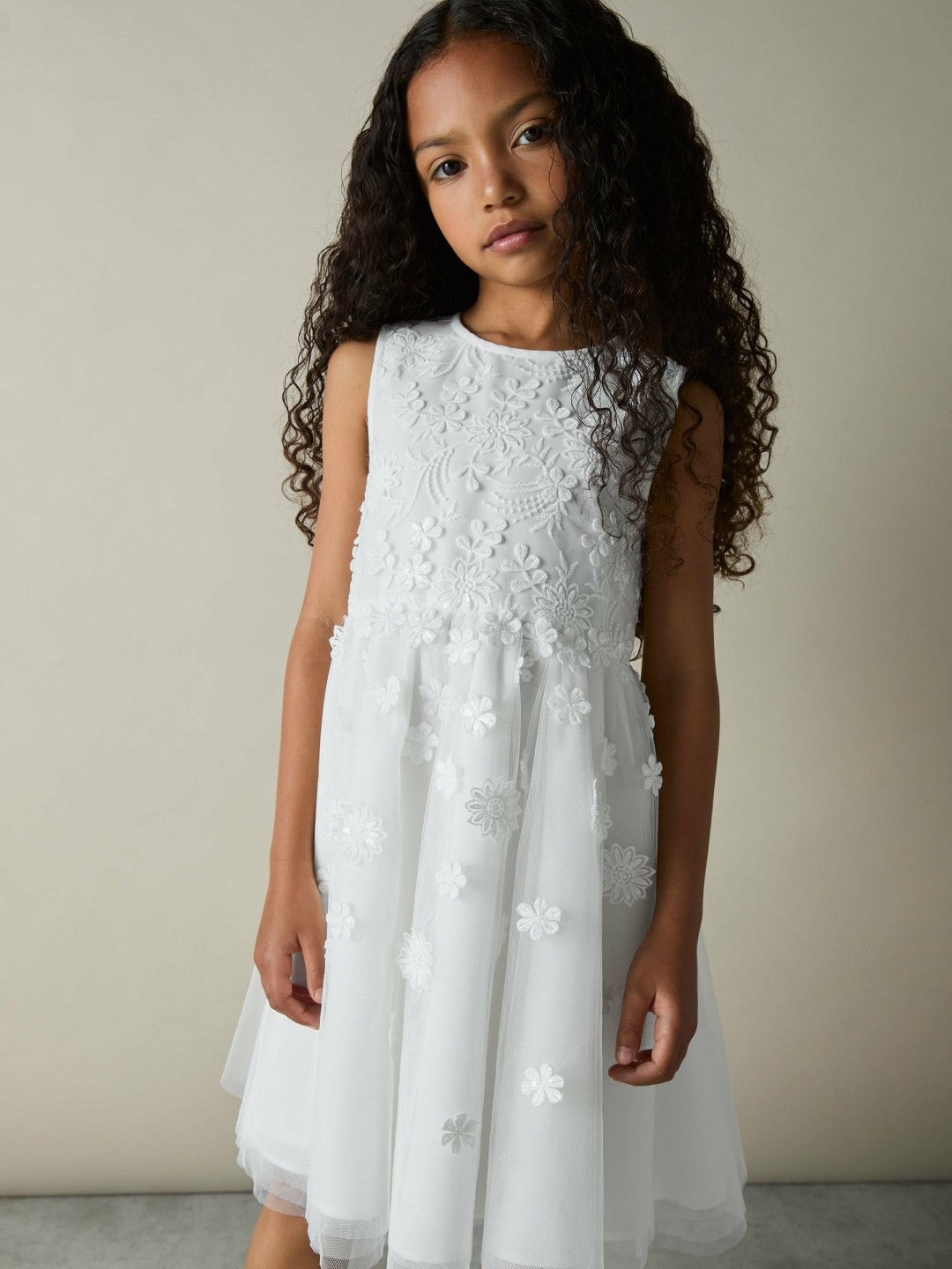 Reiss 13-14 yrs Tulle Floral-Embroidered Bridesmaid Dress in Ivory