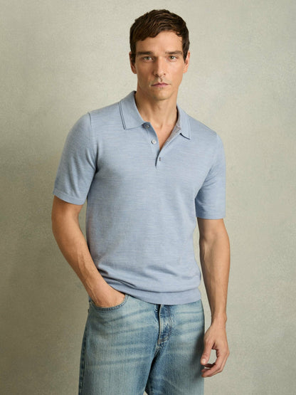 Reiss Merino Wool Polo Shirt in Soft Blue
