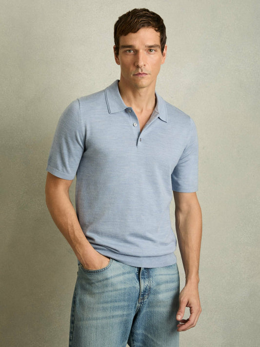 Reiss Merino Wool Polo Shirt in Soft Blue