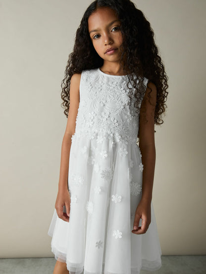 Reiss 9-13 yrs Tulle Floral-Embroidered Bridesmaid Dress in Ivory