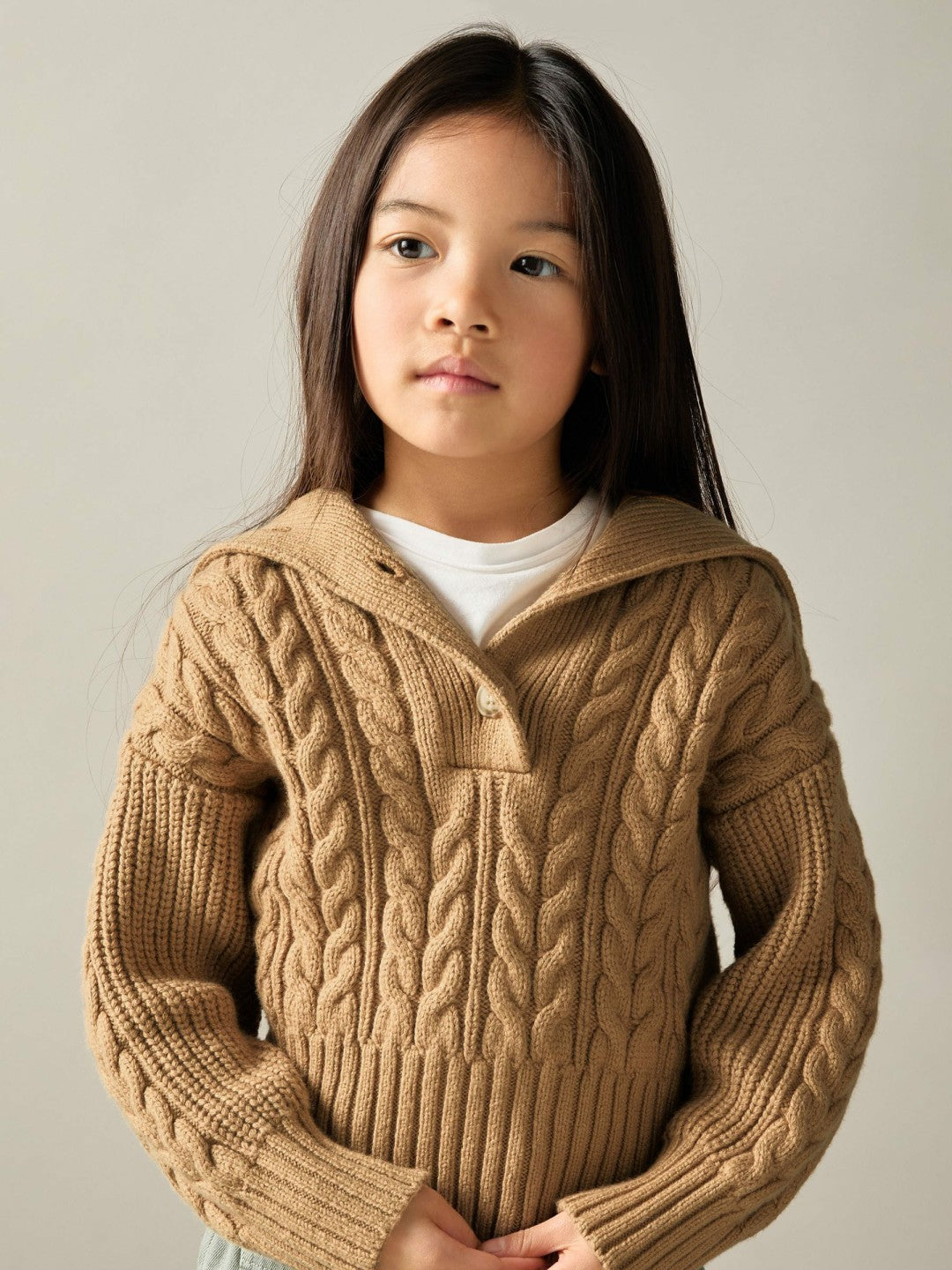 Reiss 4-9 yrs Cotton-Blend Open-Collar Cable-Knit Jumper With Wool in Camel