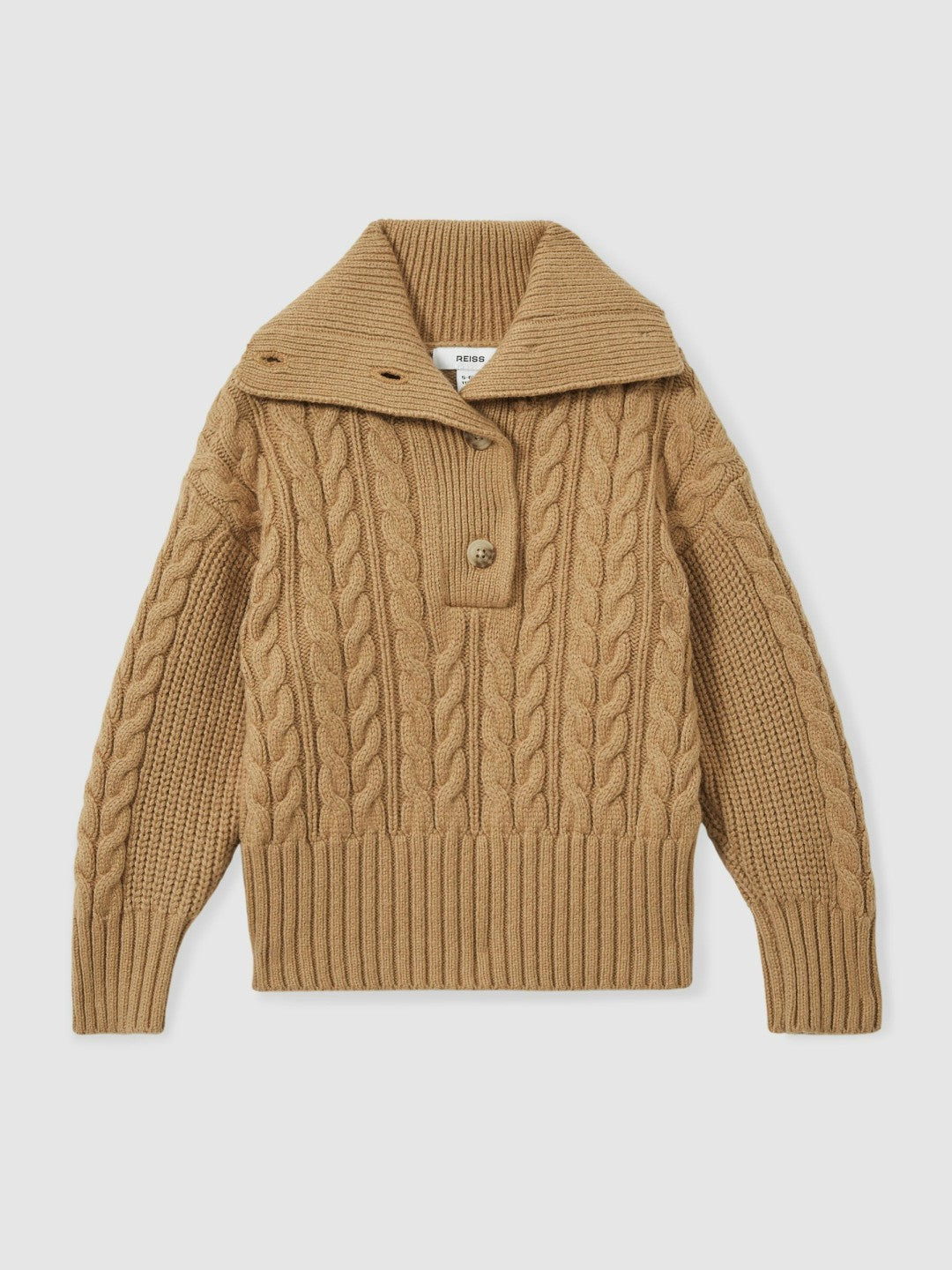 Reiss 4-9 yrs Cotton-Blend Open-Collar Cable-Knit Jumper With Wool in Camel