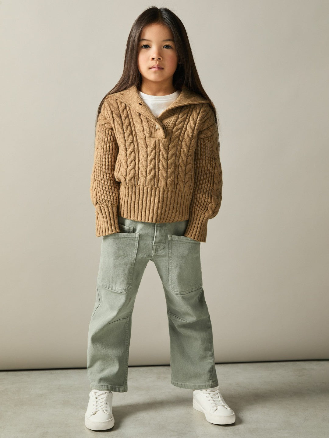 Reiss 4-9 yrs Cotton-Blend Open-Collar Cable-Knit Jumper With Wool in Camel