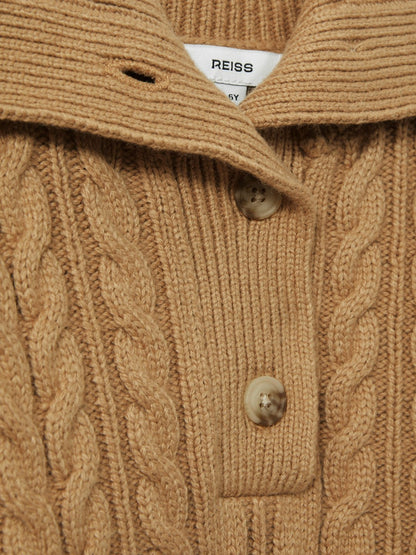 Reiss 4-9 yrs Cotton-Blend Open-Collar Cable-Knit Jumper With Wool in Camel