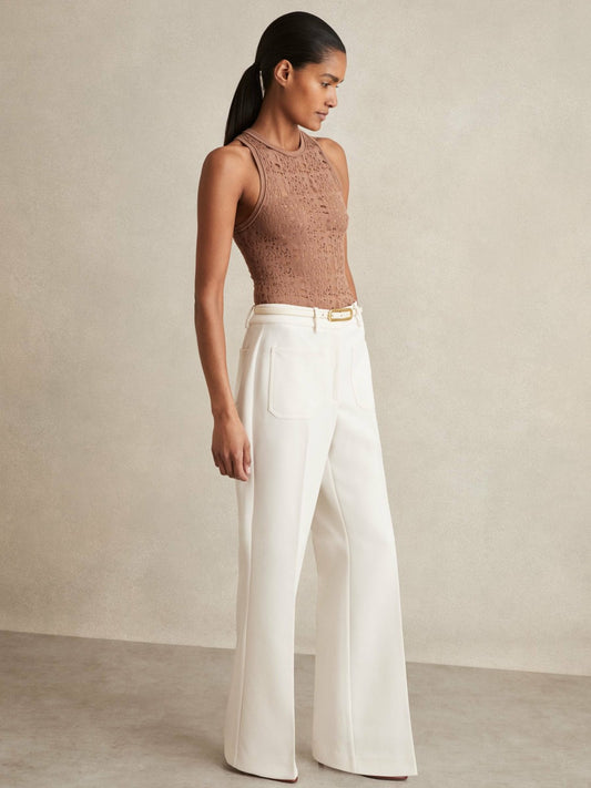 Reiss Twill Patch-Pocket Flared Trousers in Cream