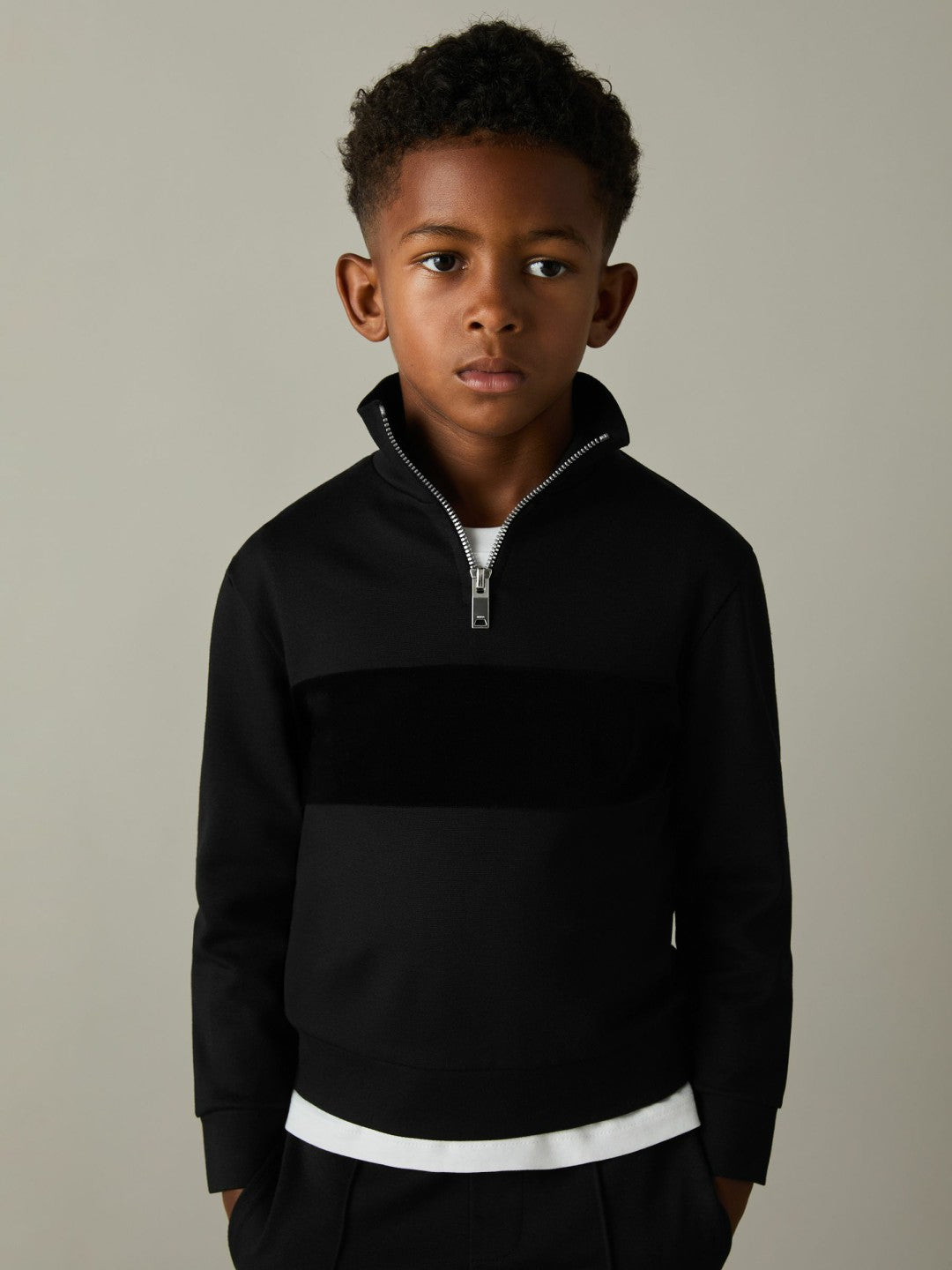 Reiss 9-13 yrs Slim Fit Half-Zip Funnel Neck Velour Sweatshirt in Black