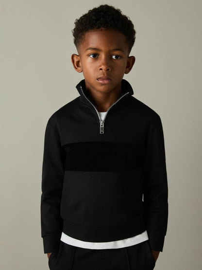 Reiss 9-13 yrs Slim Fit Half-Zip Funnel Neck Velour Sweatshirt in Black