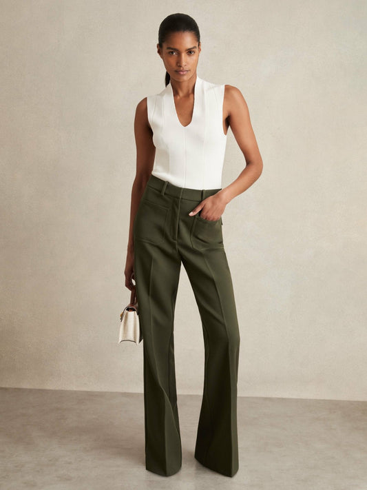 Reiss Petite Twill Patch-Pocket Flared Trousers in Green