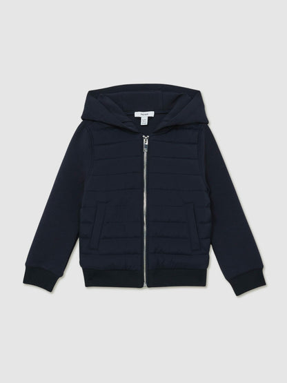 Reiss 3-9 yrs Interlock Hybrid Hooded Puffer Jacket in Navy