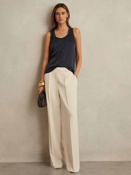 Reiss Elasticated-Waist Wide-Leg Twill Trousers in Cream
