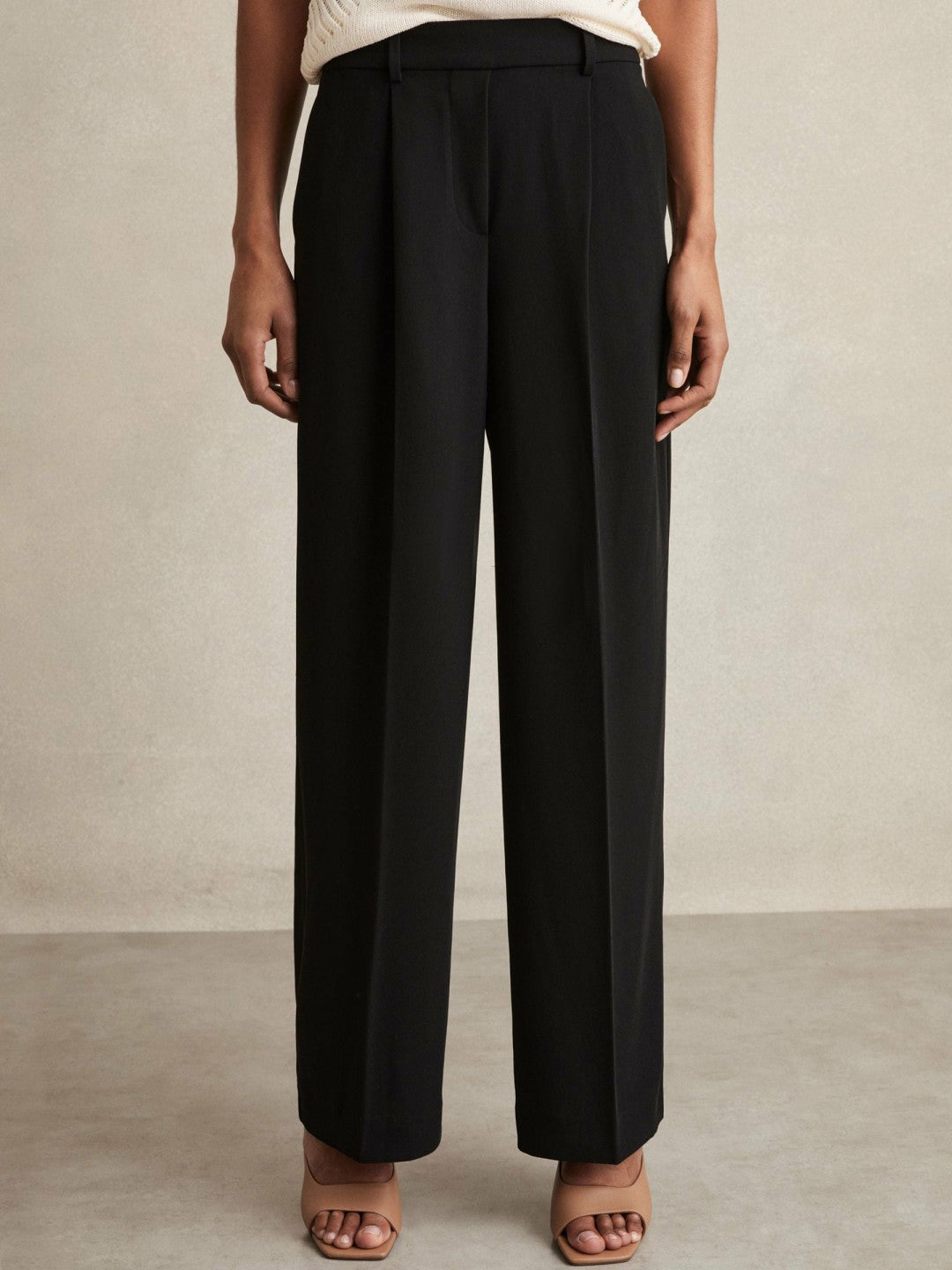 Reiss Petite Elasticated-Waist Wide-Leg Twill Trousers in Black