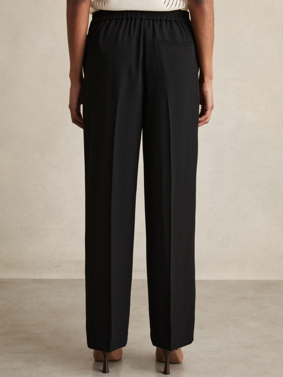 Reiss Petite Elasticated-Waist Wide-Leg Twill Trousers in Black
