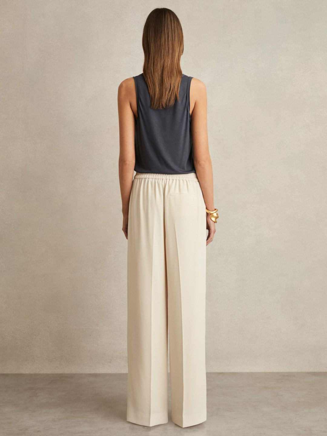 Reiss Petite Elasticated-Waist Wide-Leg Twill Trousers in Cream