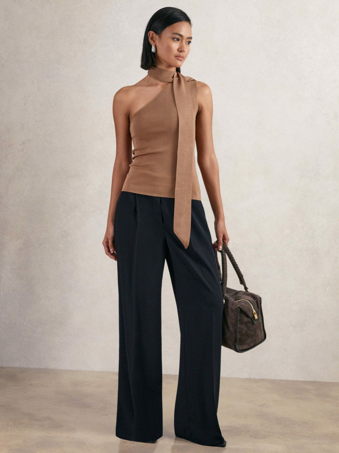 Reiss Petite Elasticated-Waist Wide-Leg Twill Trousers in Navy