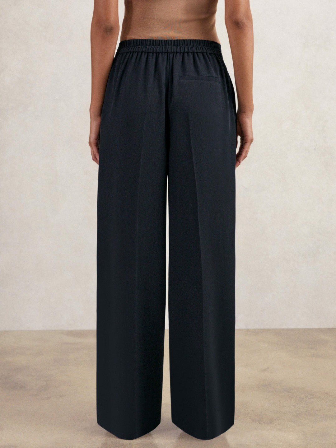 Reiss Petite Elasticated-Waist Wide-Leg Twill Trousers in Navy