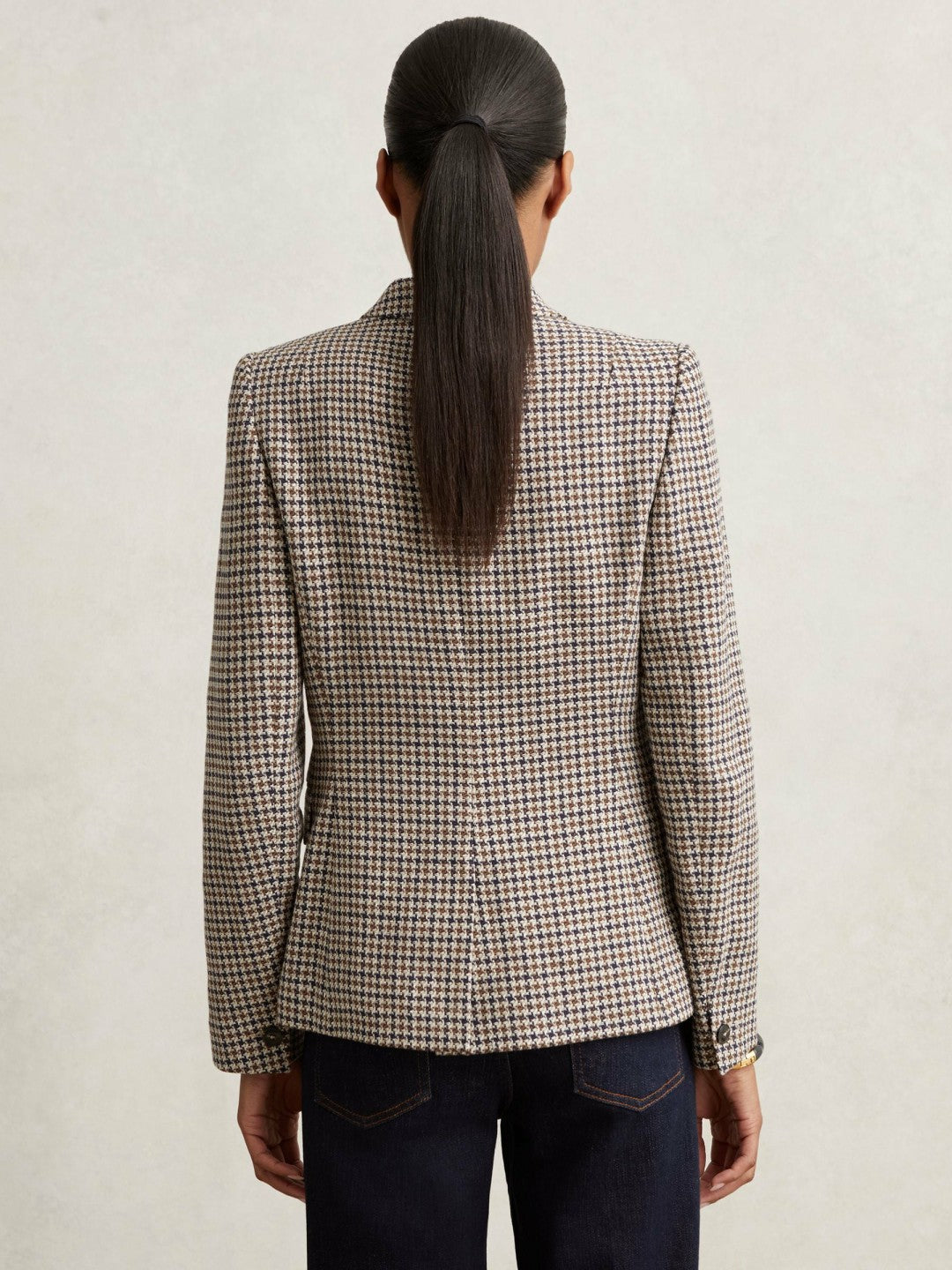 Reiss Cotton-Linen Double-Breasted Houndstooth-Check Blazer in Navy Neutral Check