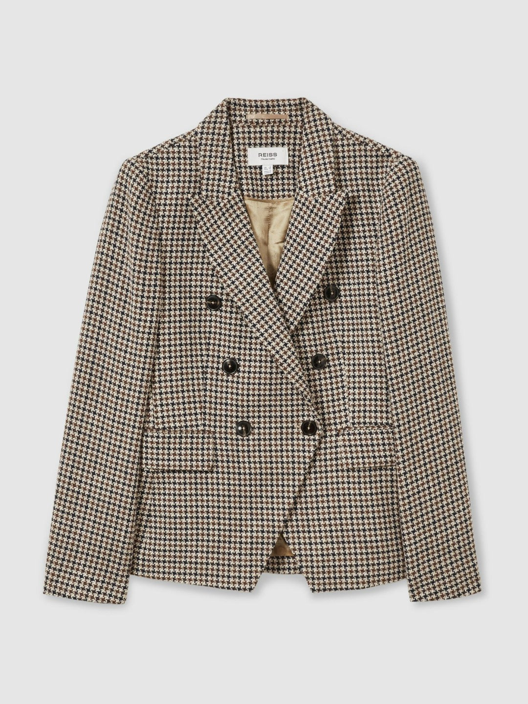 Reiss Petite Cotton-Linen Double-Breasted Houndstooth-Check Blazer in Navy Neutral Check