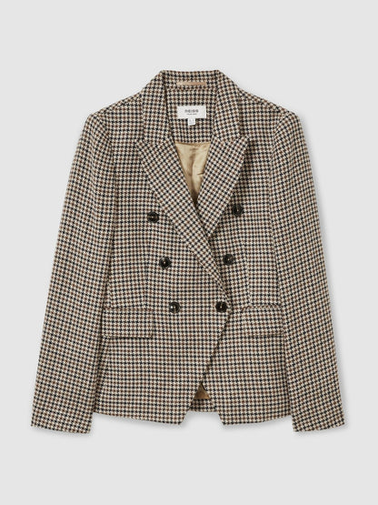 Reiss Petite Cotton-Linen Double-Breasted Houndstooth-Check Blazer in Navy Neutral Check
