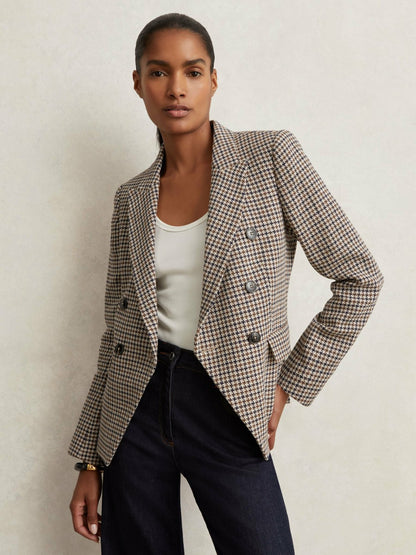Reiss Petite Cotton-Linen Double-Breasted Houndstooth-Check Blazer in Navy Neutral Check
