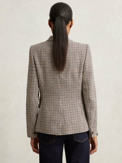 Reiss Petite Cotton-Linen Double-Breasted Houndstooth-Check Blazer in Navy Neutral Check