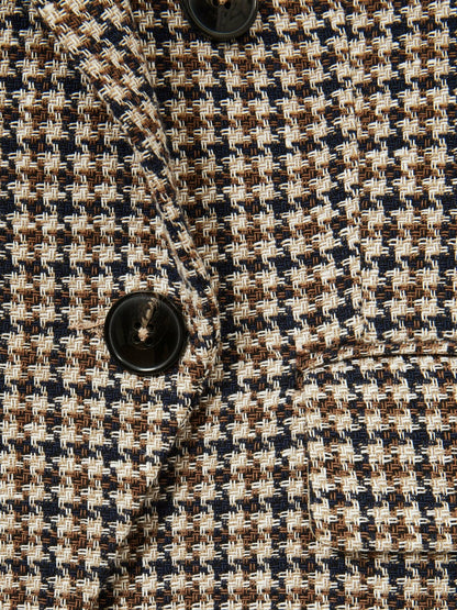 Reiss Petite Cotton-Linen Double-Breasted Houndstooth-Check Blazer in Navy Neutral Check